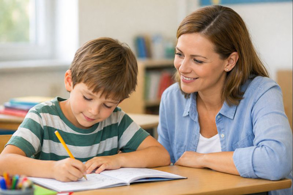 Eine Integrationshelferin sitzt mit einem Jungen an einem Tisch im Klassenzimmer und hilft ihm bei den Schulaufgaben